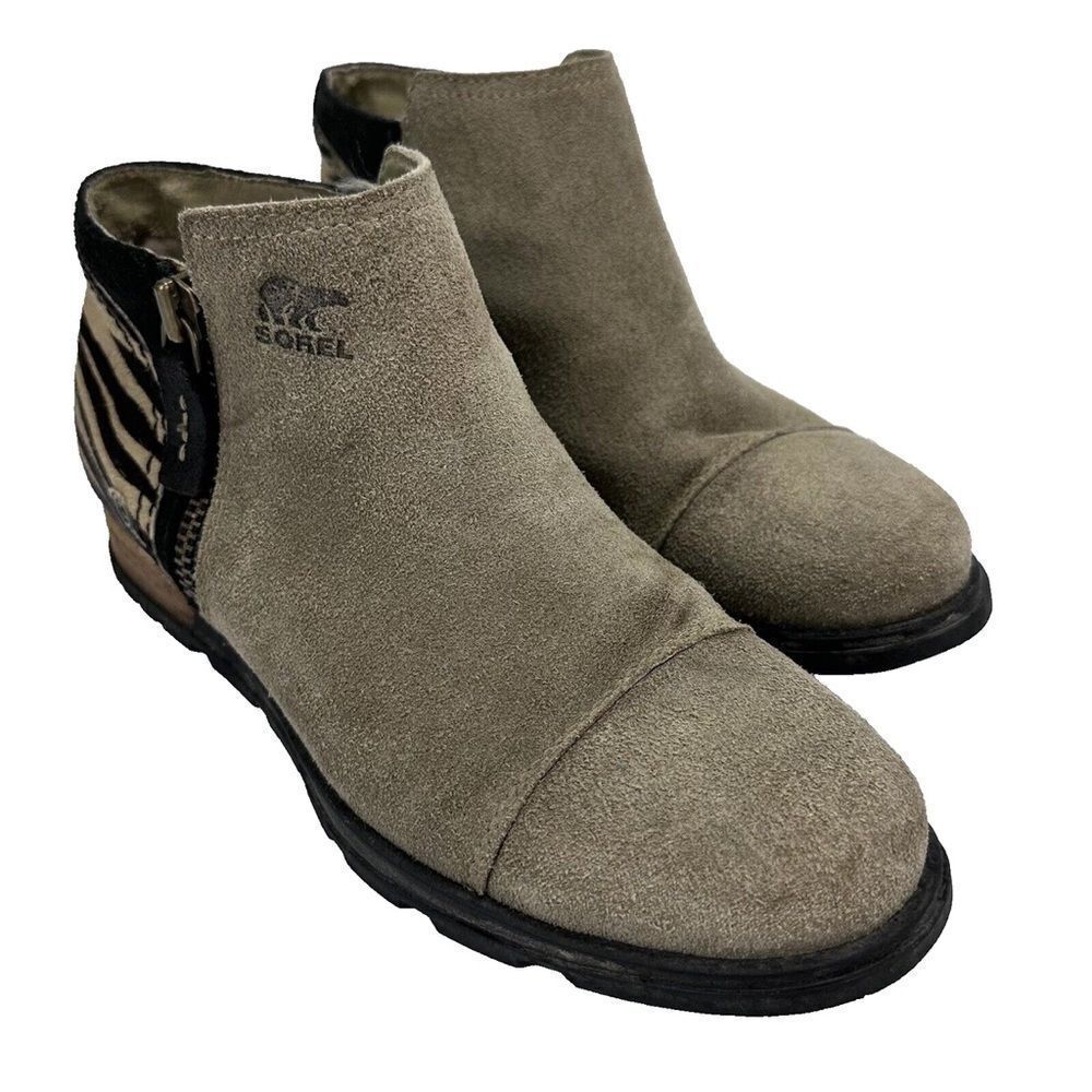Sorel | Women's Tan Major Suede Zebra Print Ankle Zip Booties | 8
